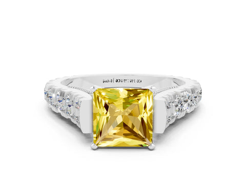 White gold Princess Cut Yellow Sapphire Classic Solitaire Ring with Pavé Band and Four-Prong Setting_12