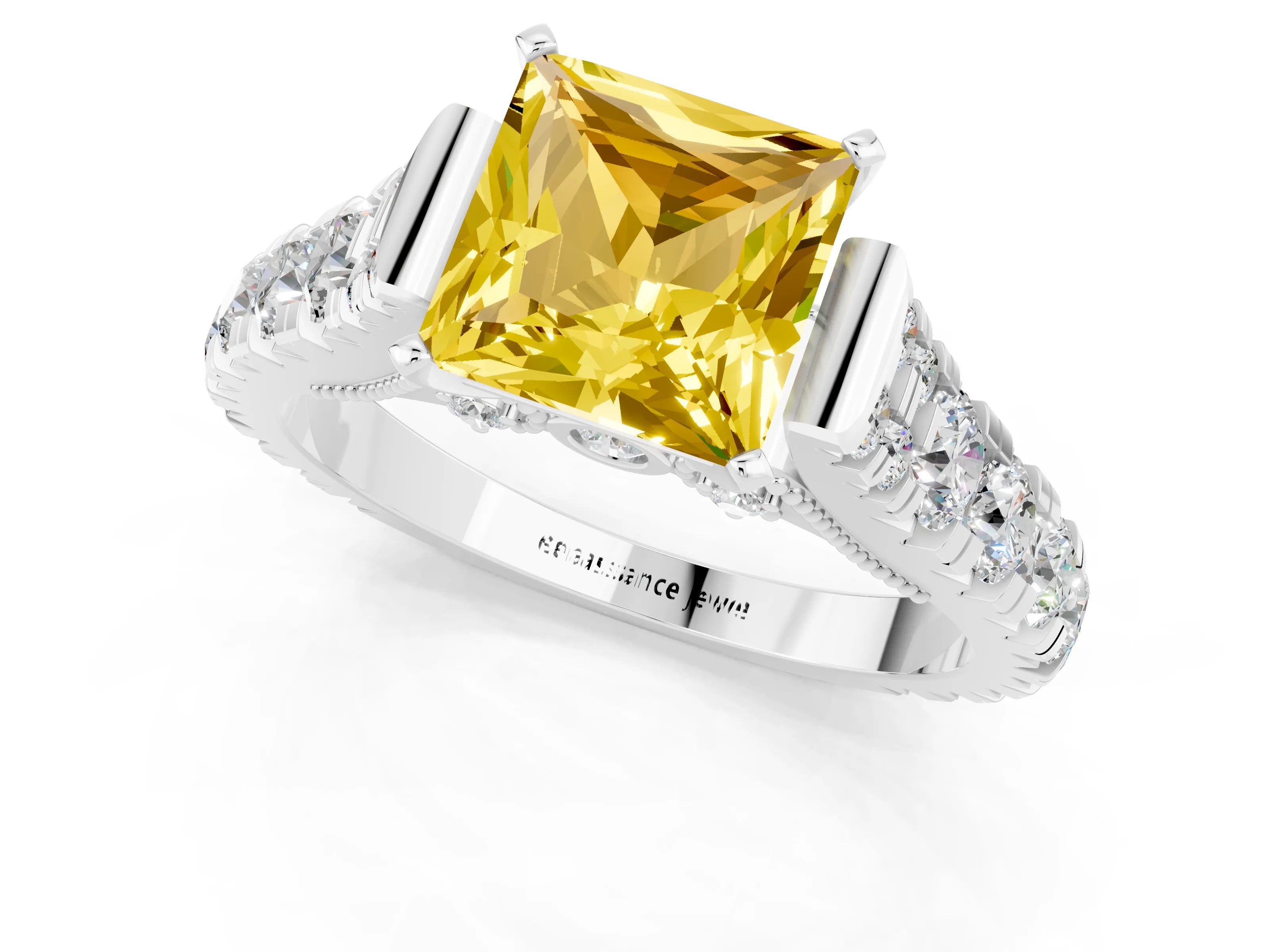 White gold Princess Cut Yellow Sapphire Classic Solitaire Ring with Pavé Band and Four-Prong Setting_13