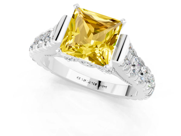 White gold Princess Cut Yellow Sapphire Classic Solitaire Ring with Pavé Band and Four-Prong Setting