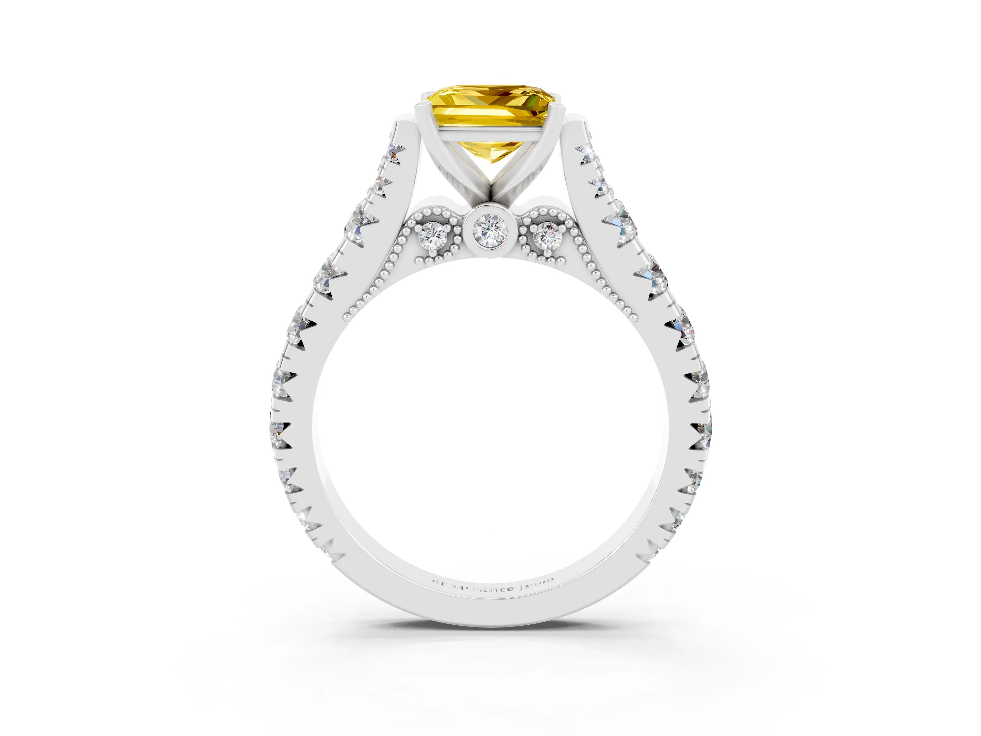 White gold Princess Cut Yellow Sapphire Classic Solitaire Ring with Pavé Band and Four-Prong Setting_15