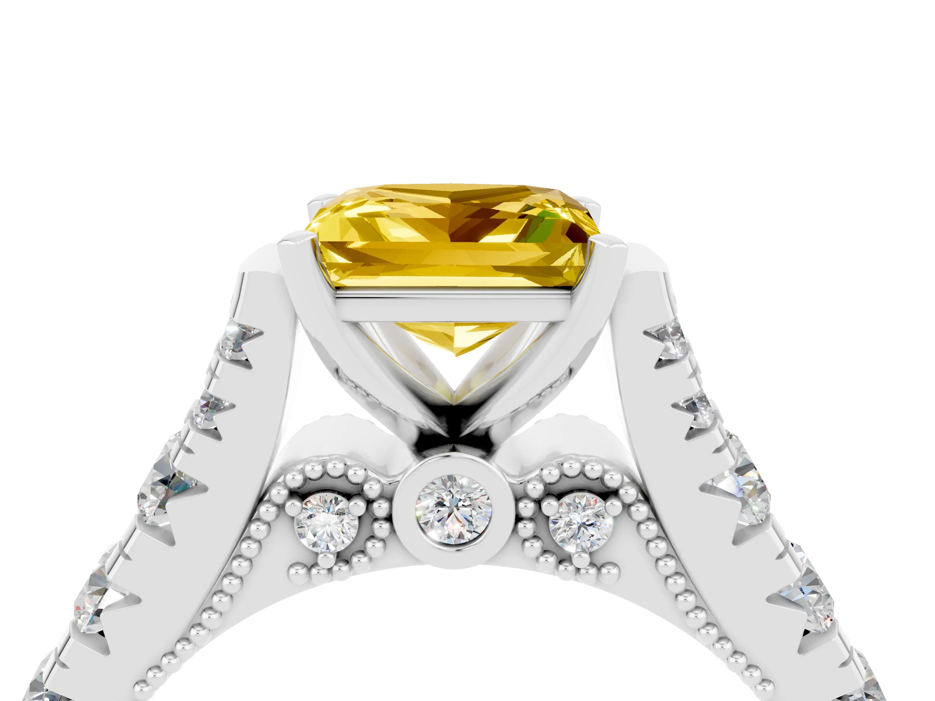 White gold Princess Cut Yellow Sapphire Classic Solitaire Ring with Pavé Band and Four-Prong Setting_16