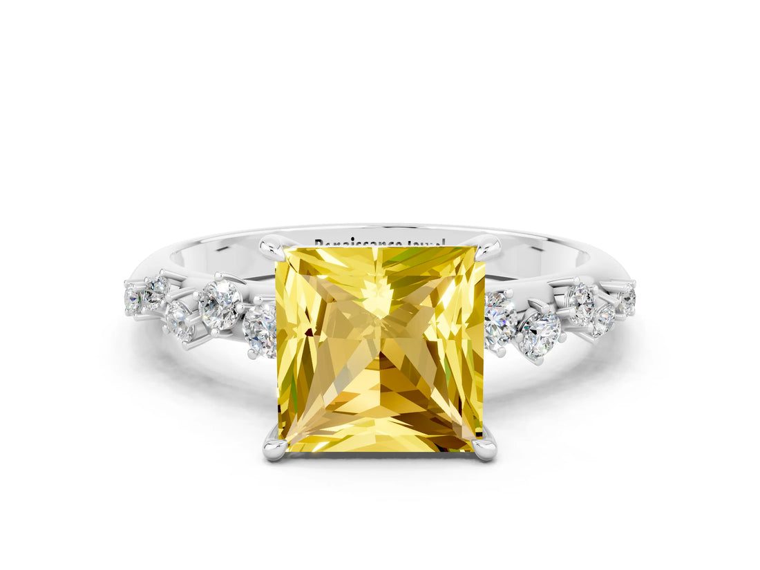 White gold Princess Cut Yellow Sapphire Cluster Side Stone Solitaire Ring with Prong Setting_48