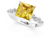 White gold Princess Cut Yellow Sapphire Cluster Side Stone Solitaire Ring with Prong Setting_49