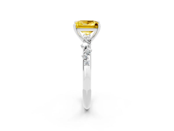 Platinum Princess Cut Yellow Sapphire Cluster Side Stone Solitaire Ring with Prong Setting