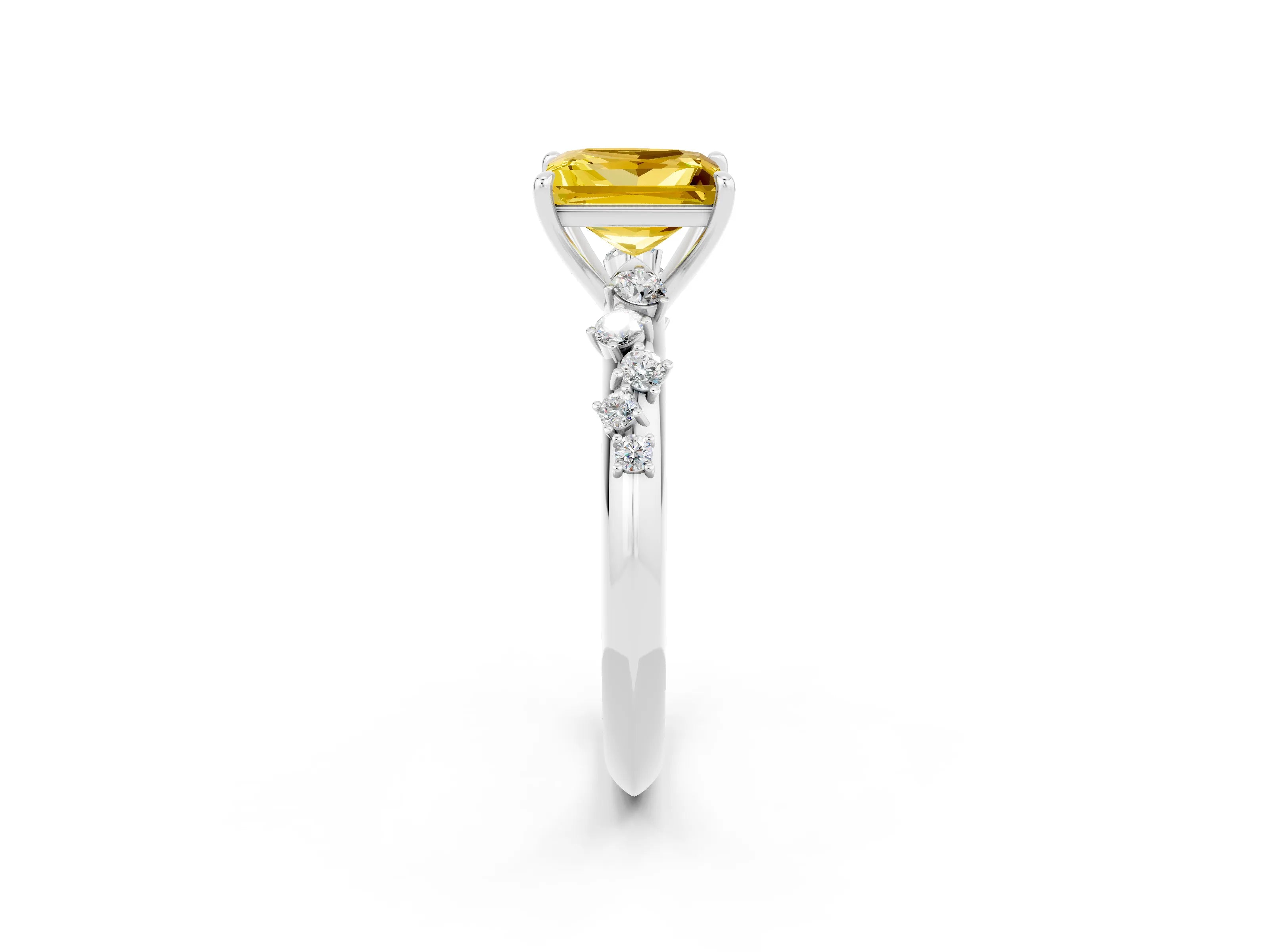White gold Princess Cut Yellow Sapphire Cluster Side Stone Solitaire Ring with Prong Setting_50