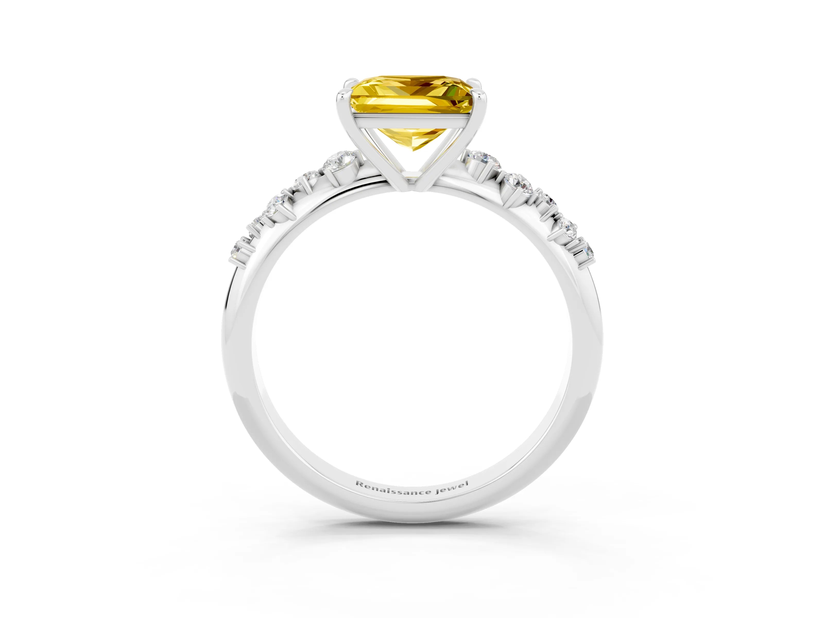 White gold Princess Cut Yellow Sapphire Cluster Side Stone Solitaire Ring with Prong Setting_51