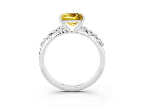 White gold Princess Cut Yellow Sapphire Cluster Side Stone Solitaire Ring with Prong Setting_51