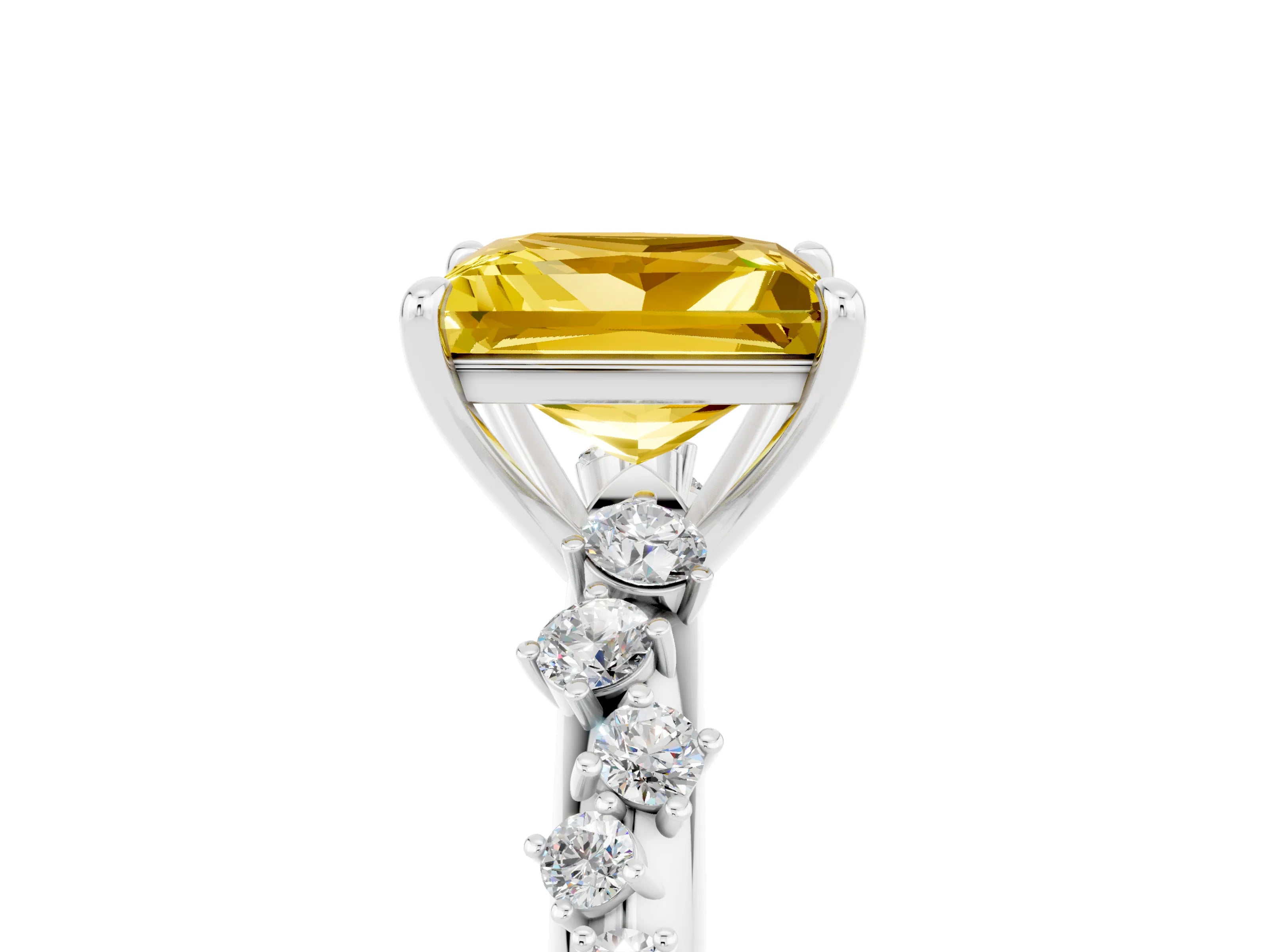 White gold Princess Cut Yellow Sapphire Cluster Side Stone Solitaire Ring with Prong Setting_53