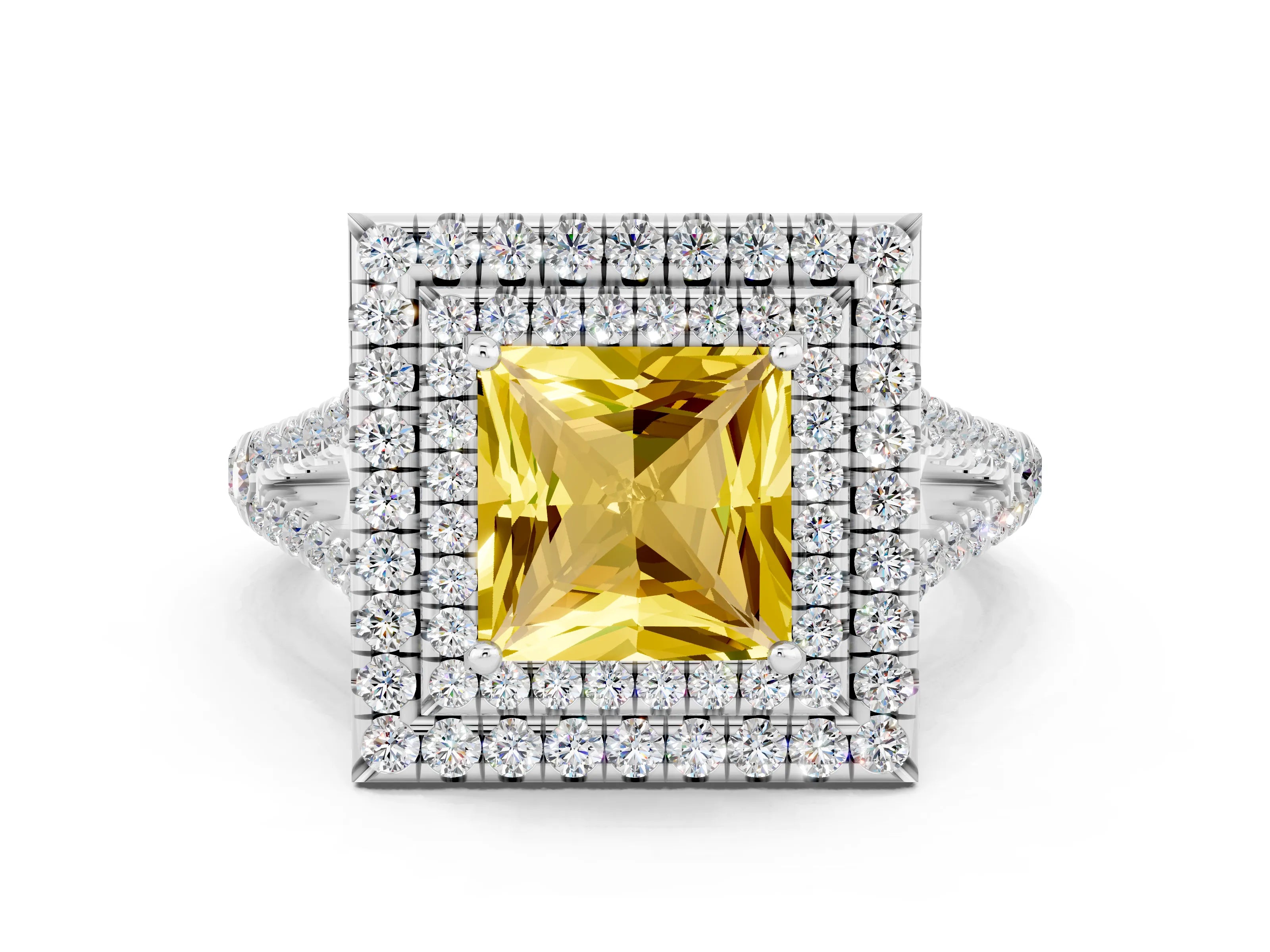 White gold Princess Cut Yellow Sapphire Double Halo Ring with Pavé Band and Prong Setting_12