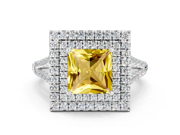 White gold Princess Cut Yellow Sapphire Double Halo Ring with Pavé Band and Prong Setting
