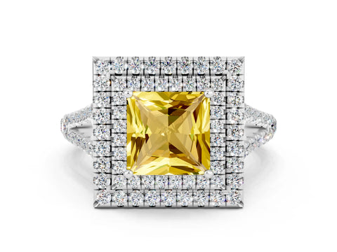 White gold Princess Cut Yellow Sapphire Double Halo Ring with Pavé Band and Prong Setting_12