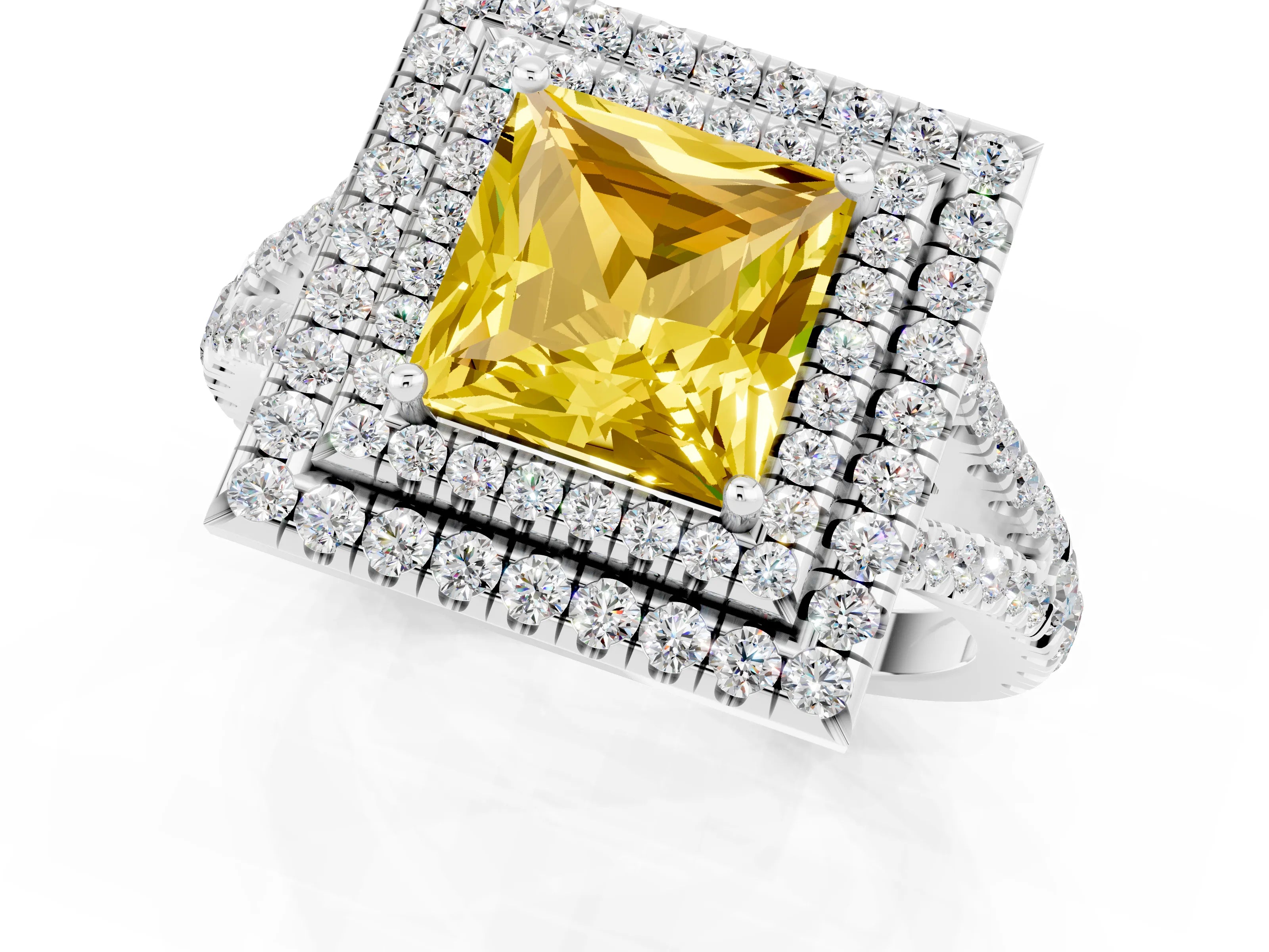 White gold Princess Cut Yellow Sapphire Double Halo Ring with Pavé Band and Prong Setting_13