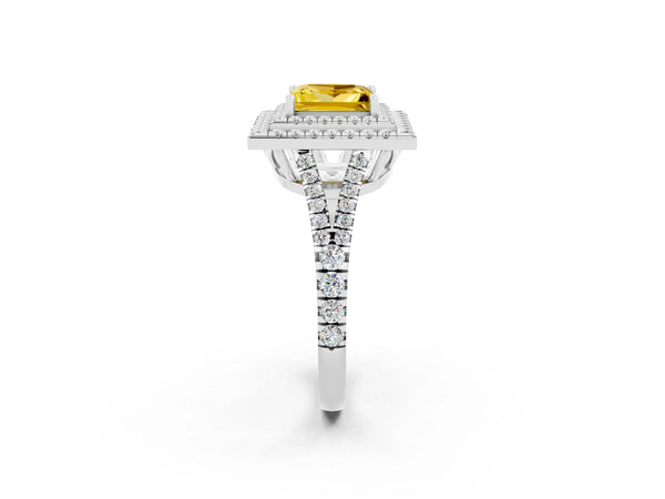 Silver Princess Cut Yellow Sapphire Double Halo Ring with Pavé Band and Prong Setting