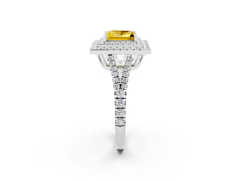White gold Princess Cut Yellow Sapphire Double Halo Ring with Pavé Band and Prong Setting_14