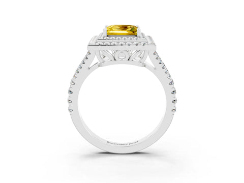 White gold Princess Cut Yellow Sapphire Double Halo Ring with Pavé Band and Prong Setting_15