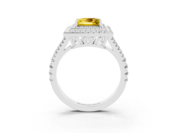 White gold Princess Cut Yellow Sapphire Double Halo Ring with Pavé Band and Prong Setting