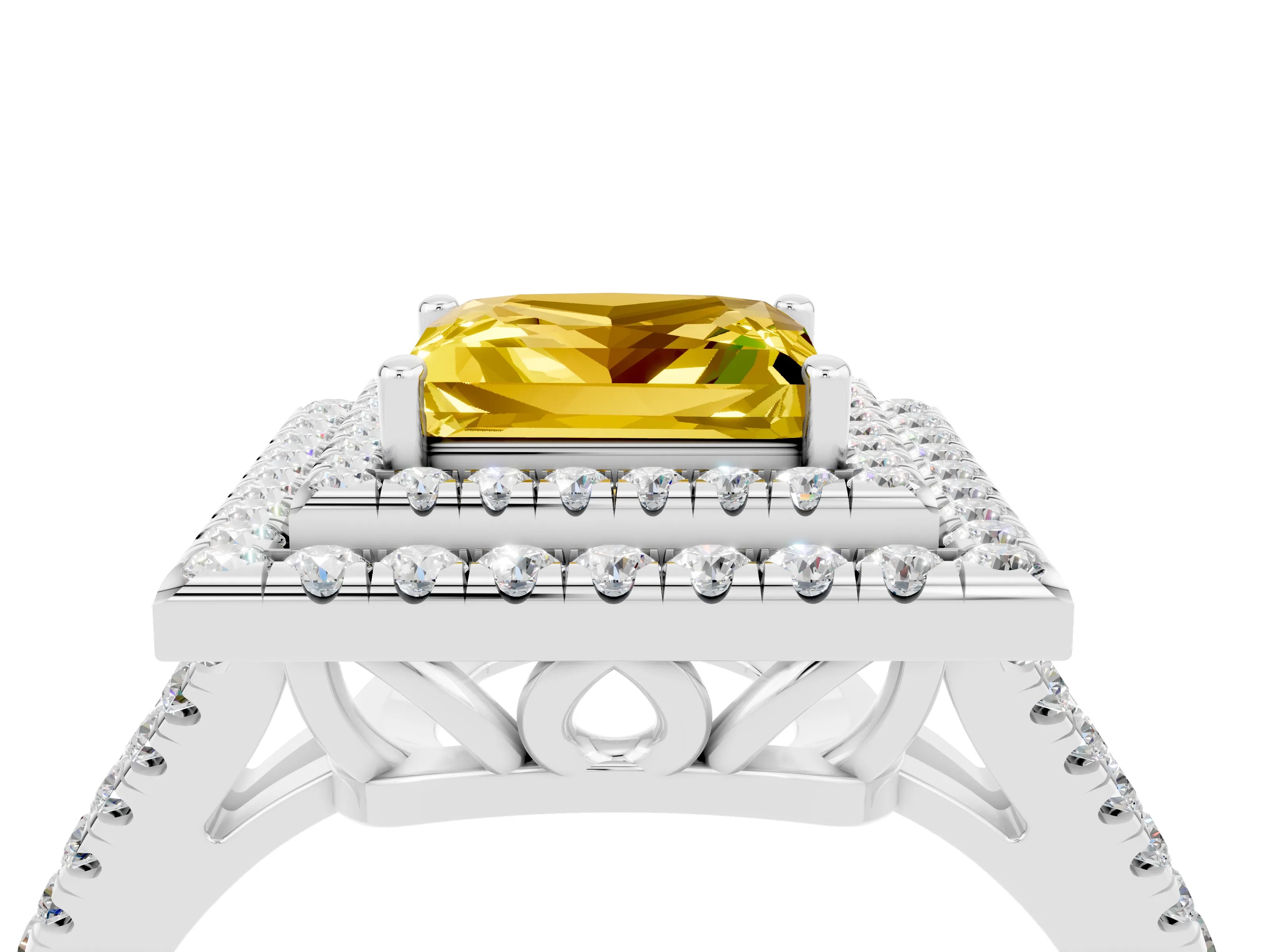 White gold Princess Cut Yellow Sapphire Double Halo Ring with Pavé Band and Prong Setting_16
