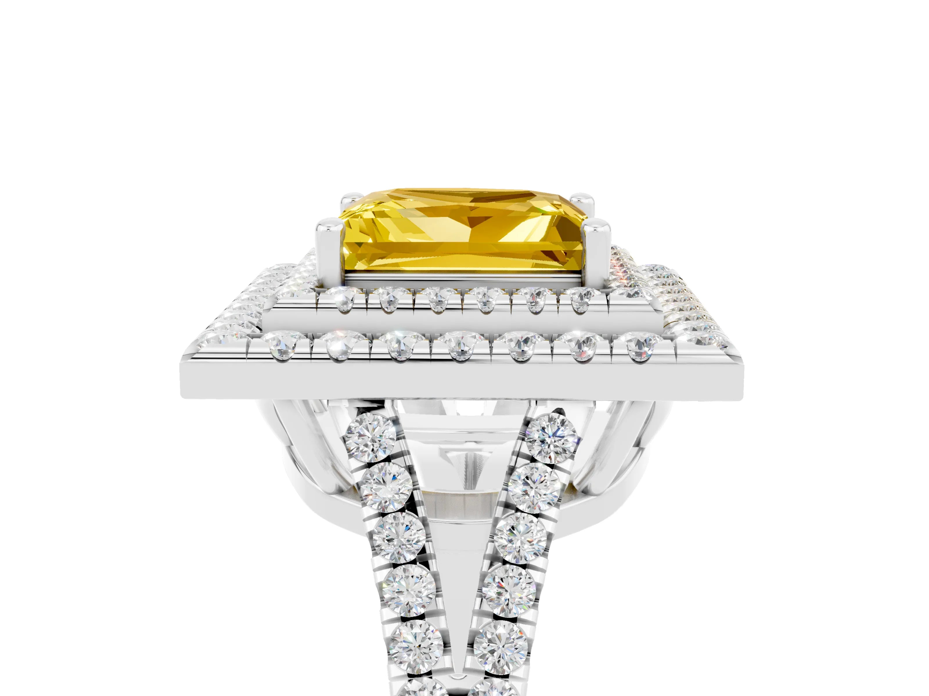 White gold Princess Cut Yellow Sapphire Double Halo Ring with Pavé Band and Prong Setting_17