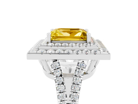 White gold Princess Cut Yellow Sapphire Double Halo Ring with Pavé Band and Prong Setting_17