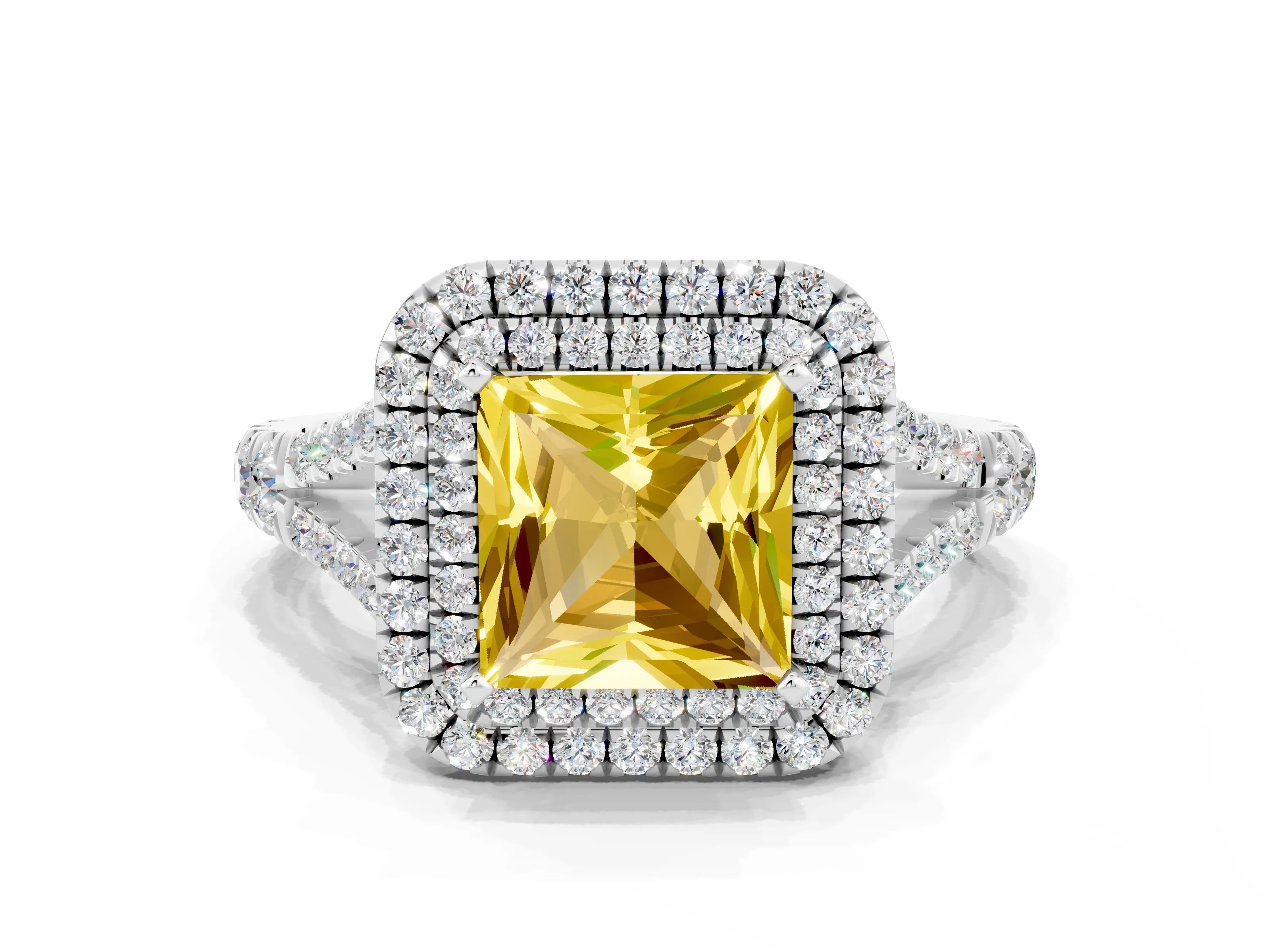 White gold Princess Cut Yellow Sapphire Double Halo Ring with Split Shank and Prong Setting_36