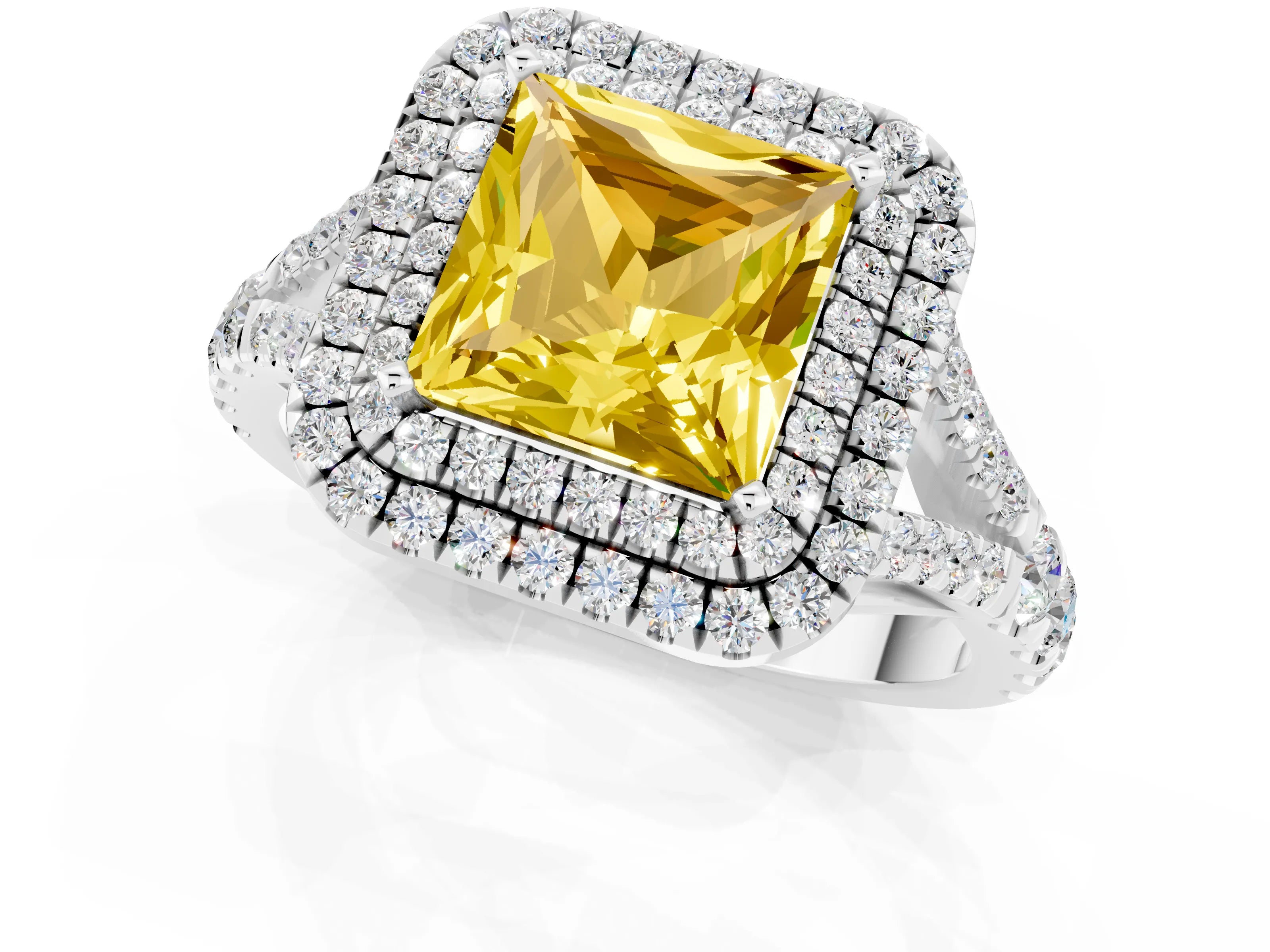 White gold Princess Cut Yellow Sapphire Double Halo Ring with Split Shank and Prong Setting_37