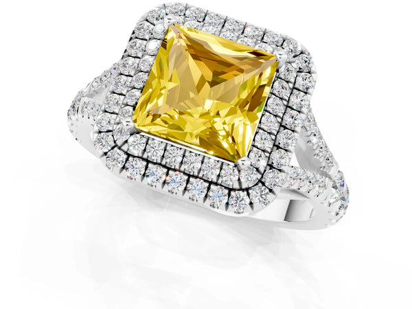 Silver Princess Cut Yellow Sapphire Double Halo Ring with Split Shank and Prong Setting