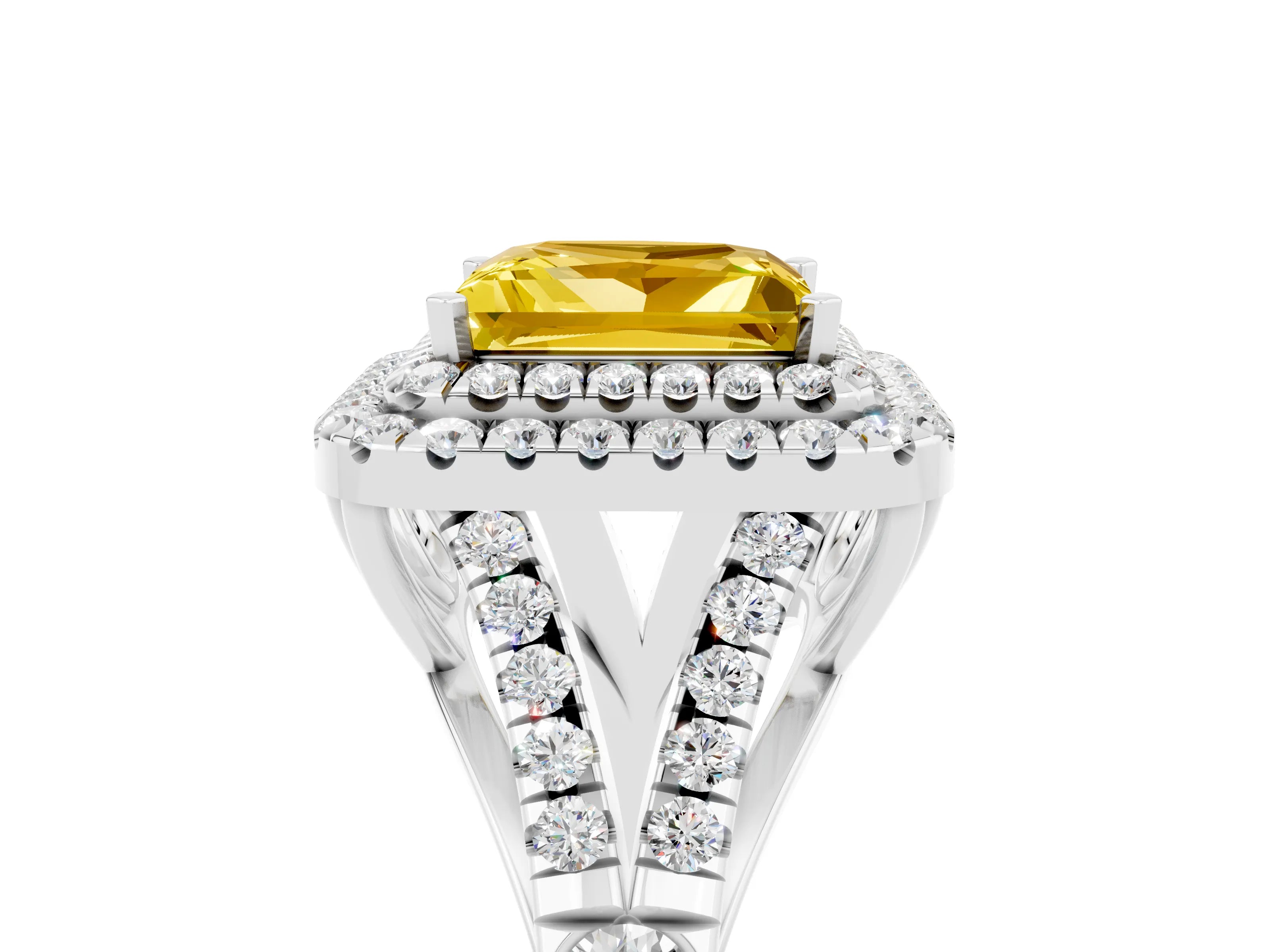 White gold Princess Cut Yellow Sapphire Double Halo Ring with Split Shank and Prong Setting_41