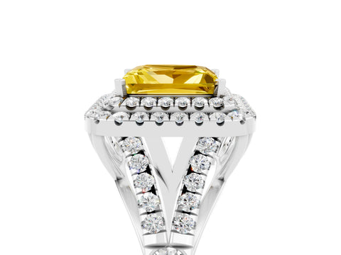 White gold Princess Cut Yellow Sapphire Double Halo Ring with Split Shank and Prong Setting_41