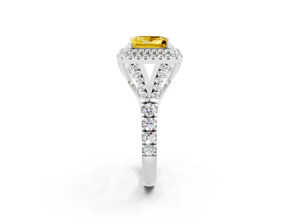 White gold Princess Cut Yellow Sapphire Double Halo Ring with Split Shank and Prong Setting