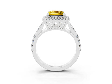 White gold Princess Cut Yellow Sapphire Double Halo Ring with Split Shank and Prong Setting_50