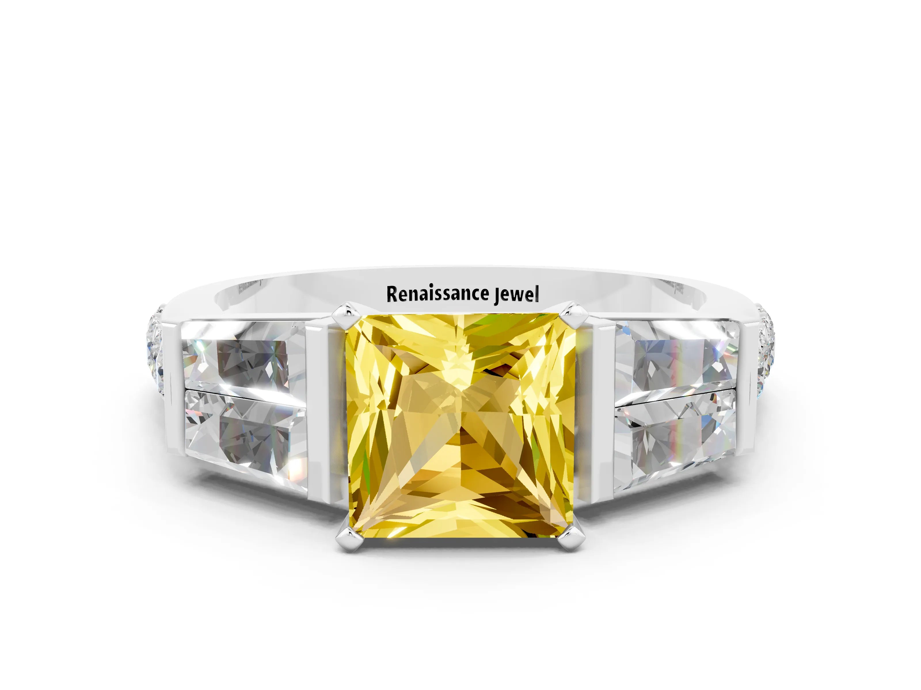 White gold Princess Cut Yellow Sapphire Engagement Ring with Baguette Side Stones and Channel Set Band
