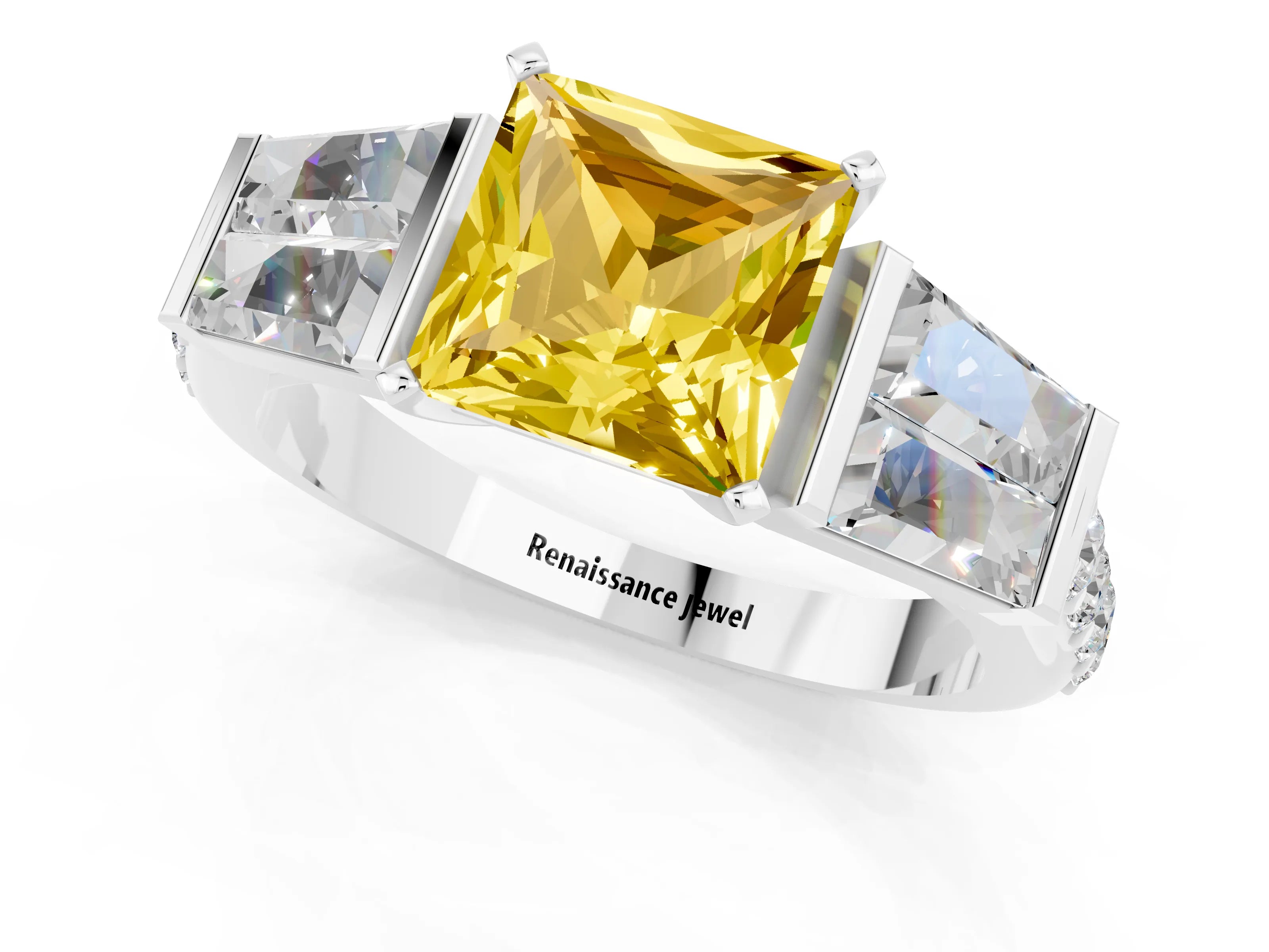White gold Princess Cut Yellow Sapphire Engagement Ring with Baguette Side Stones and Channel Set Band_1