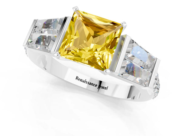 White gold Princess Cut Yellow Sapphire Engagement Ring with Baguette Side Stones and Channel Set Band