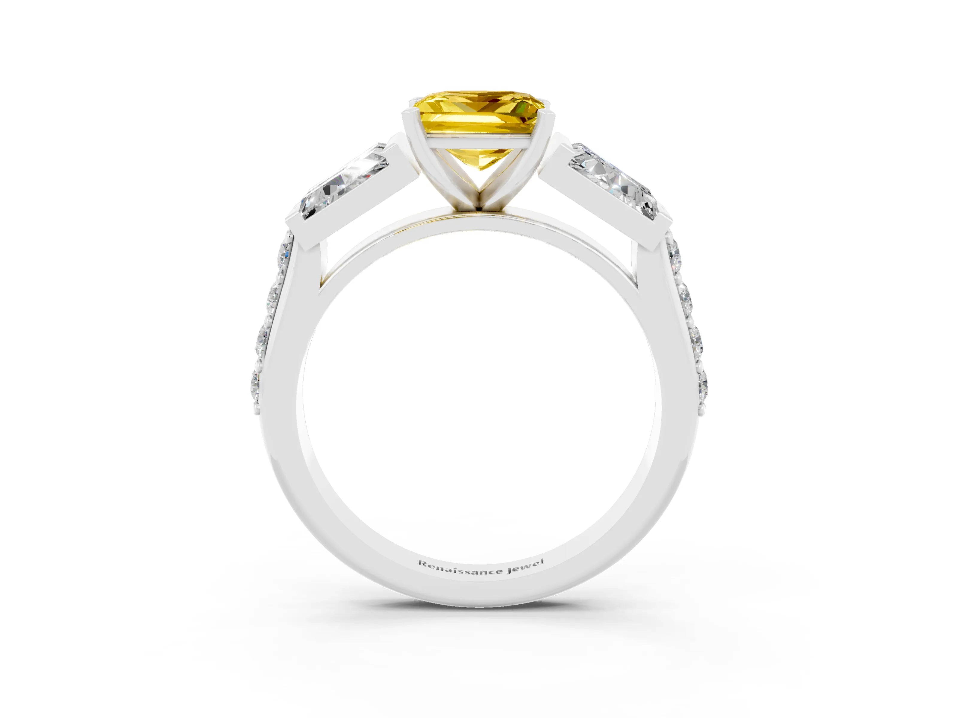 White gold Princess Cut Yellow Sapphire Engagement Ring with Baguette Side Stones and Channel Set Band_3