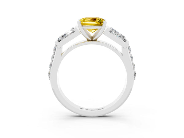 Platinum Princess Cut Yellow Sapphire Engagement Ring with Baguette Side Stones and Channel Set Band