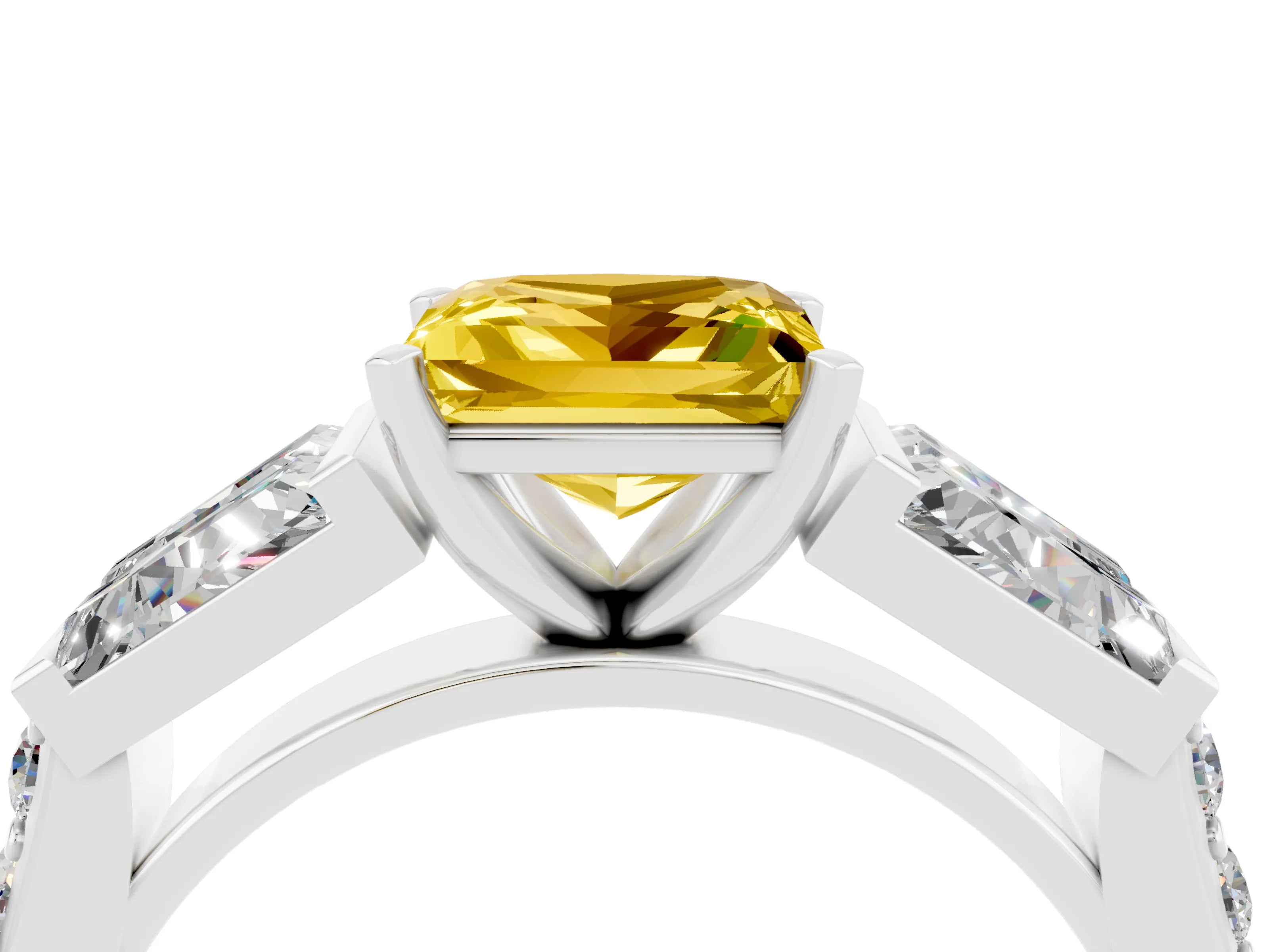 White gold Princess Cut Yellow Sapphire Engagement Ring with Baguette Side Stones and Channel Set Band_4