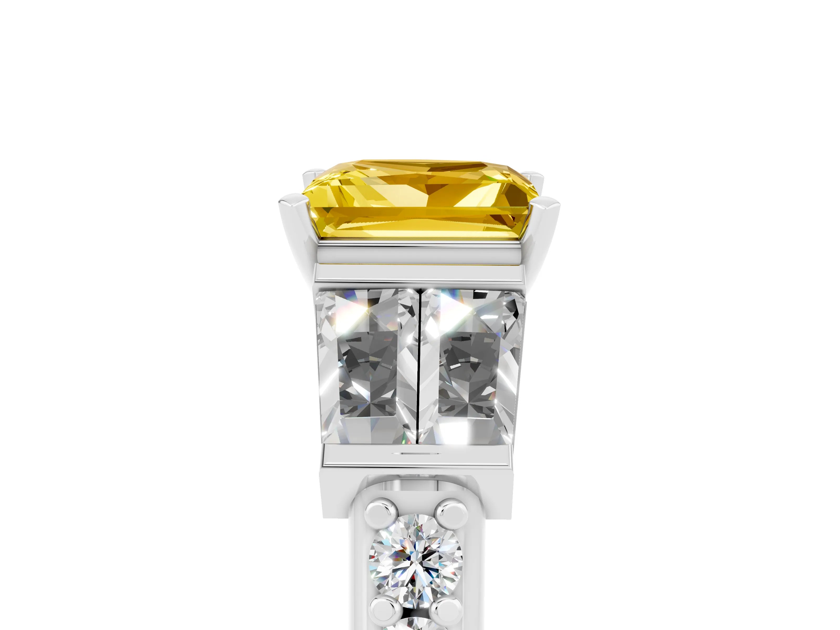 White gold Princess Cut Yellow Sapphire Engagement Ring with Baguette Side Stones and Channel Set Band_5
