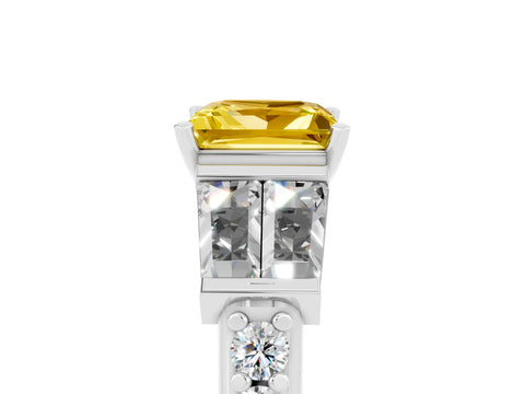 White gold Princess Cut Yellow Sapphire Engagement Ring with Baguette Side Stones and Channel Set Band_5