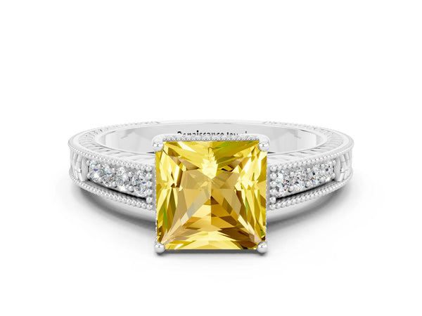 White gold Princess Cut Yellow Sapphire Engagement Ring with Milgrain Channel Set Band and Prong Setting