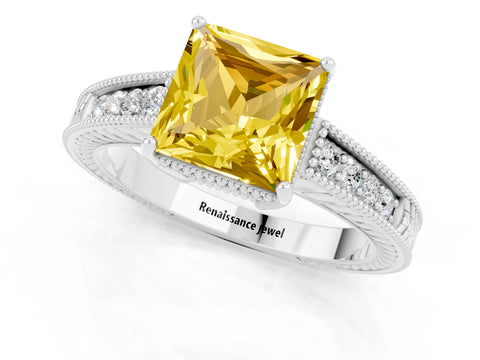 White gold Princess Cut Yellow Sapphire Engagement Ring with Milgrain Channel Set Band and Prong Setting_25