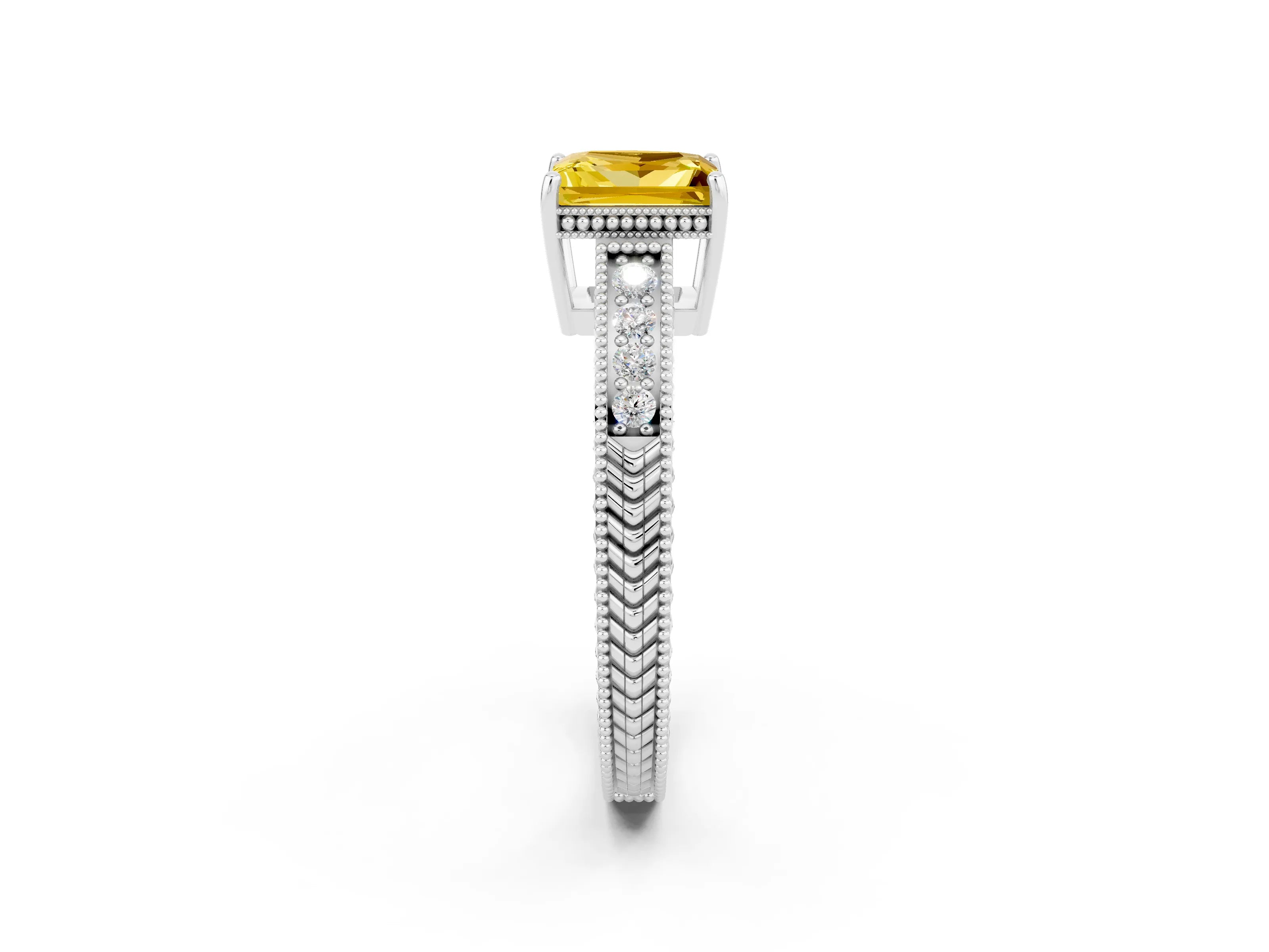 White gold Princess Cut Yellow Sapphire Engagement Ring with Milgrain Channel Set Band and Prong Setting_26