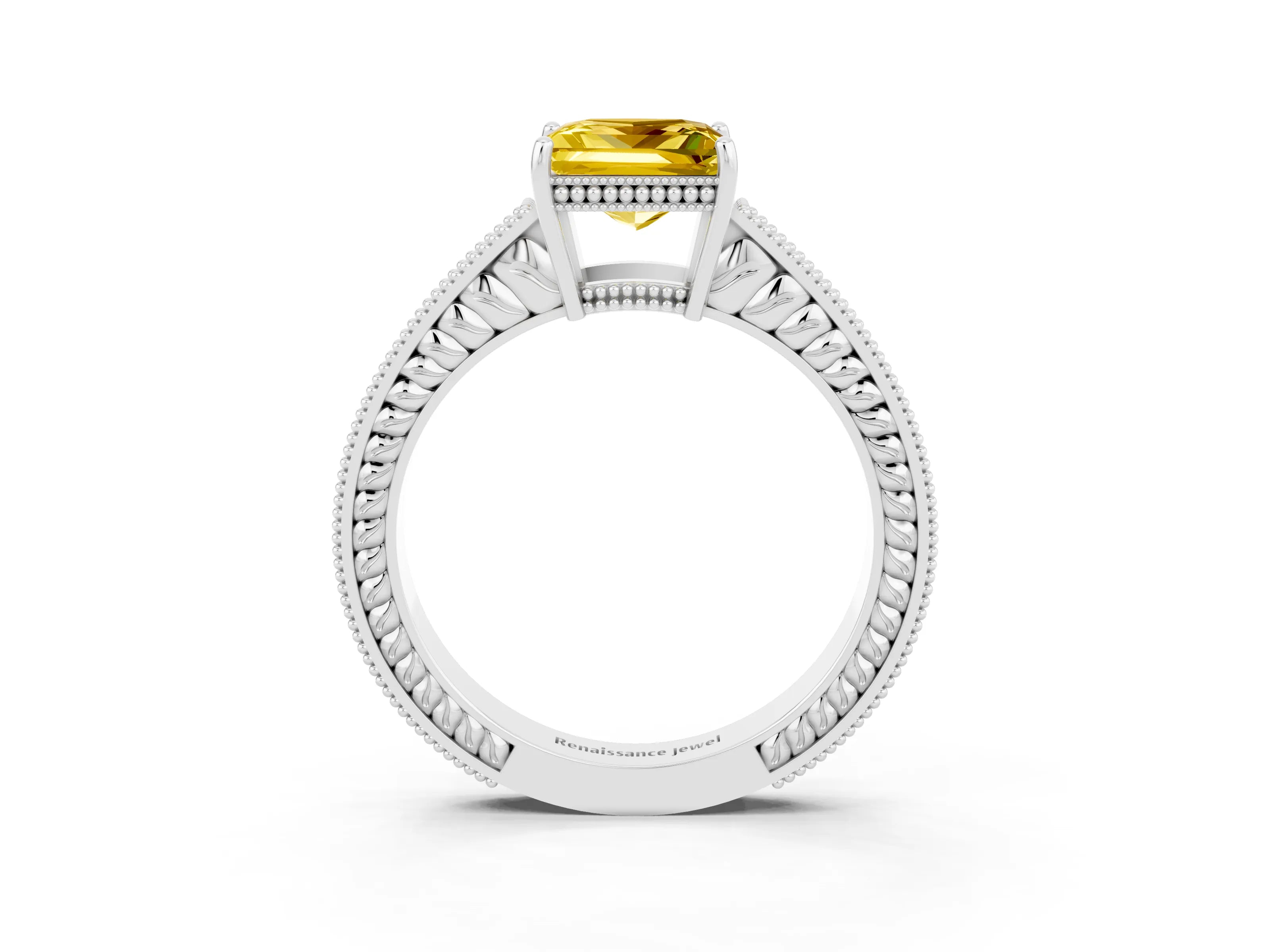 White gold Princess Cut Yellow Sapphire Engagement Ring with Milgrain Channel Set Band and Prong Setting_27