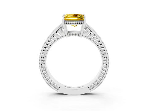 White gold Princess Cut Yellow Sapphire Engagement Ring with Milgrain Channel Set Band and Prong Setting_27