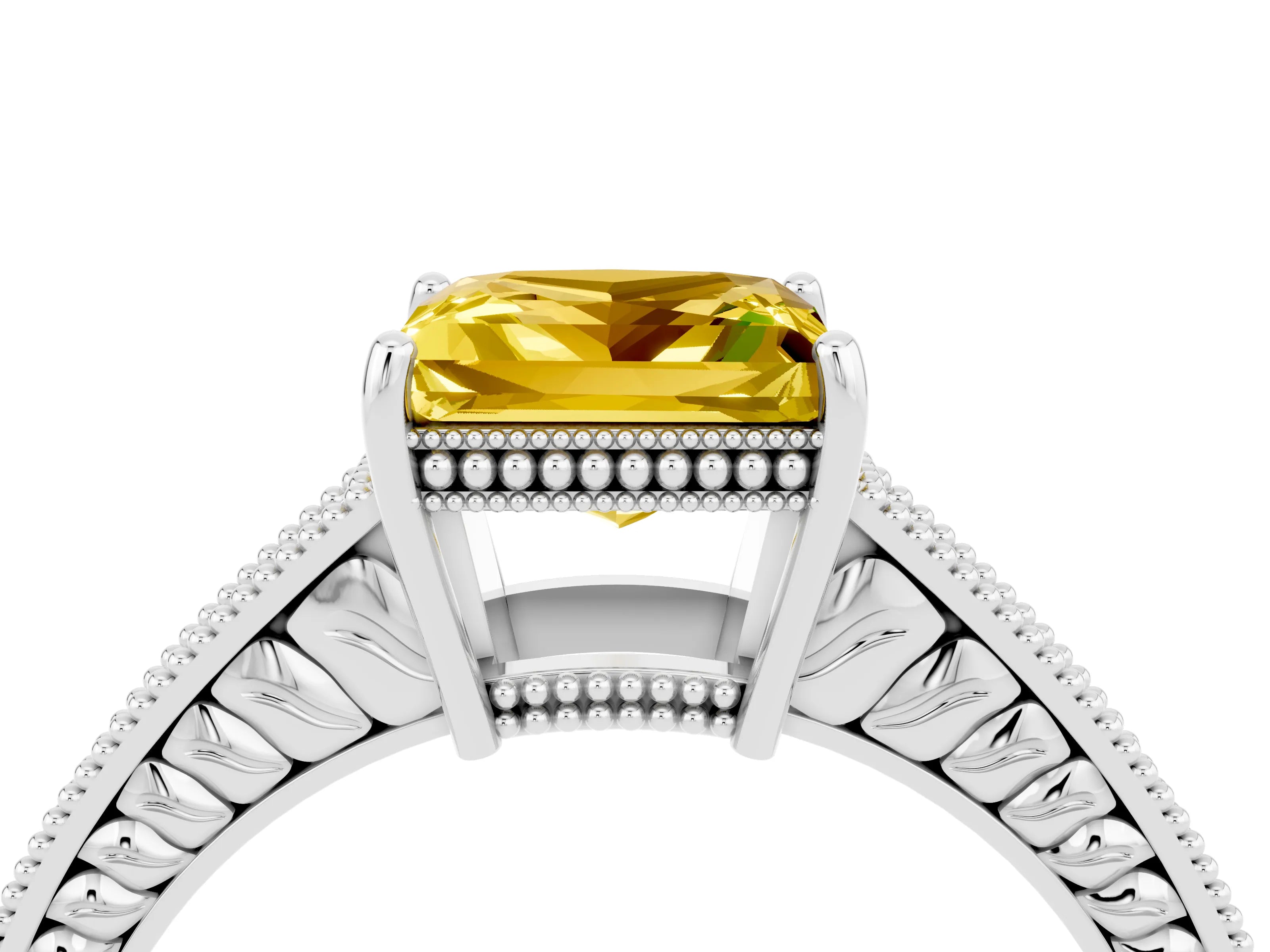 White gold Princess Cut Yellow Sapphire Engagement Ring with Milgrain Channel Set Band and Prong Setting_28