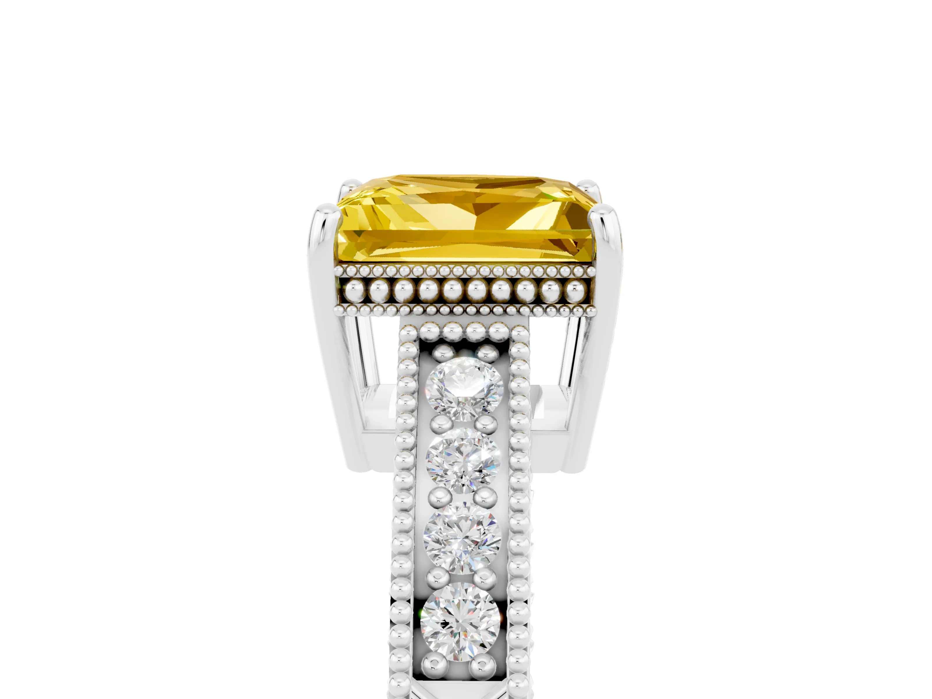White gold Princess Cut Yellow Sapphire Engagement Ring with Milgrain Channel Set Band and Prong Setting_29