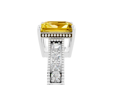 White gold Princess Cut Yellow Sapphire Engagement Ring with Milgrain Channel Set Band and Prong Setting_29