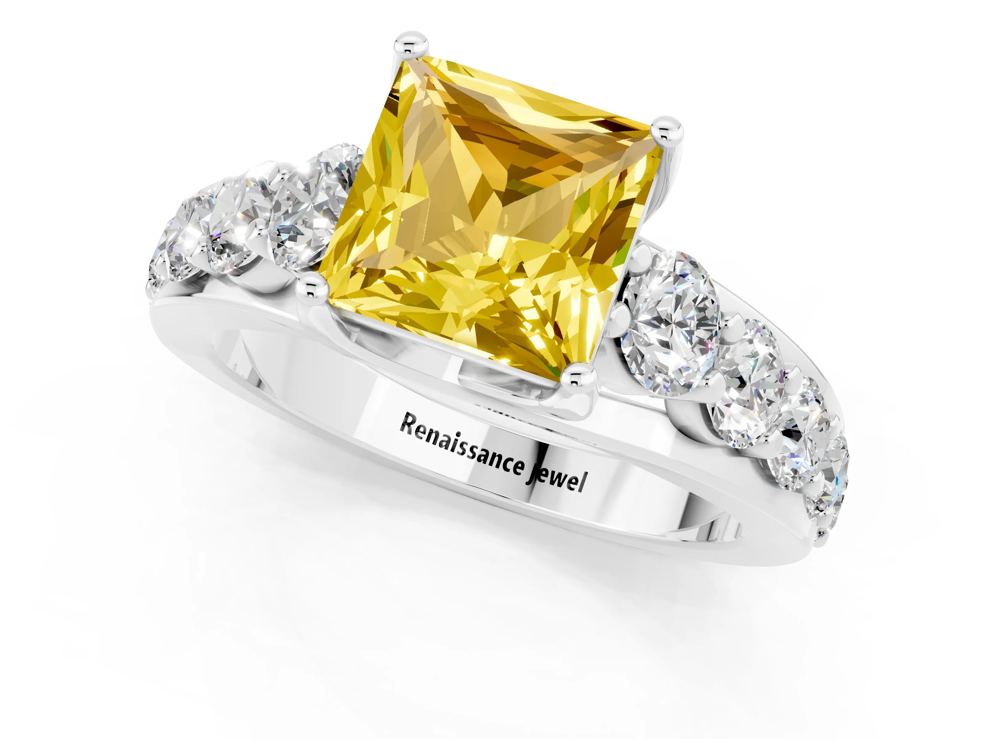 White gold Princess Cut Yellow Sapphire Engagement Ring with Pavé Band and Four-Prong Setting_1