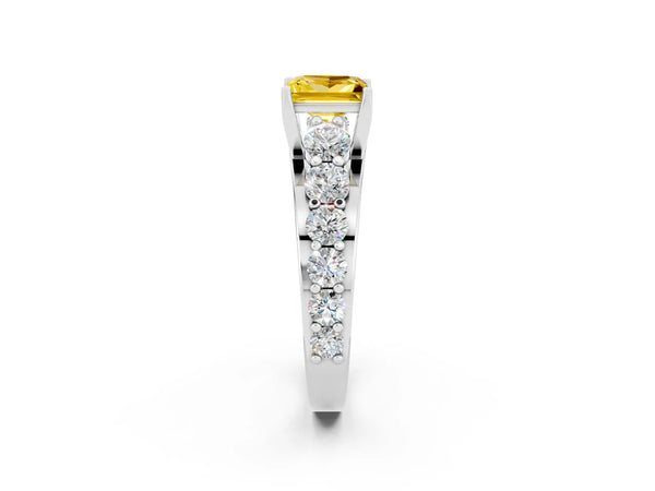Platinum Princess Cut Yellow Sapphire Engagement Ring with Pavé Band and Four-Prong Setting