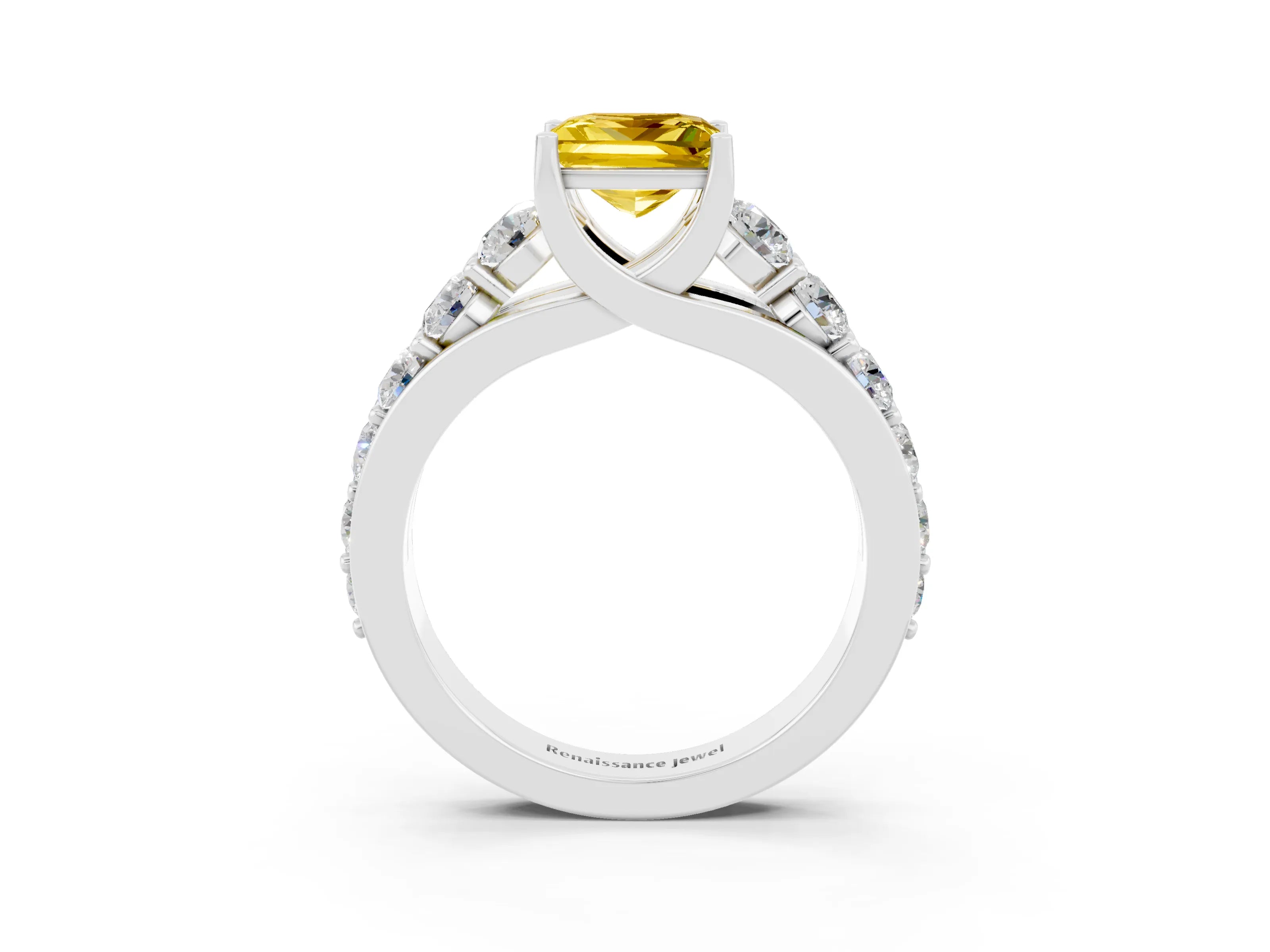 White gold Princess Cut Yellow Sapphire Engagement Ring with Pavé Band and Four-Prong Setting_3