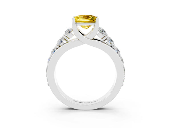 White gold Princess Cut Yellow Sapphire Engagement Ring with Pavé Band and Four-Prong Setting